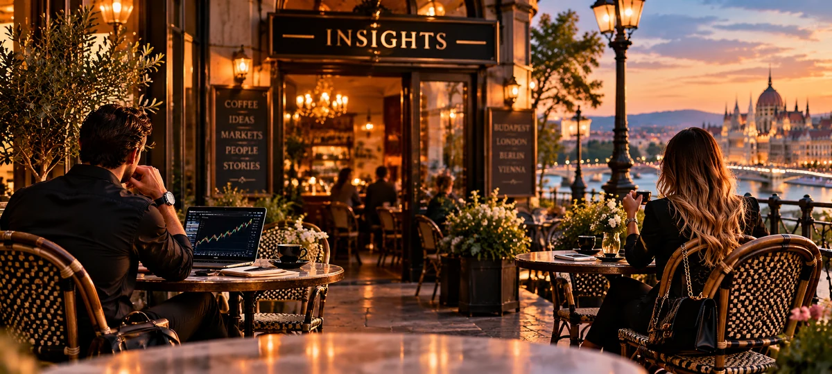 John and Mia at separate tables in the Insights café in Budapest